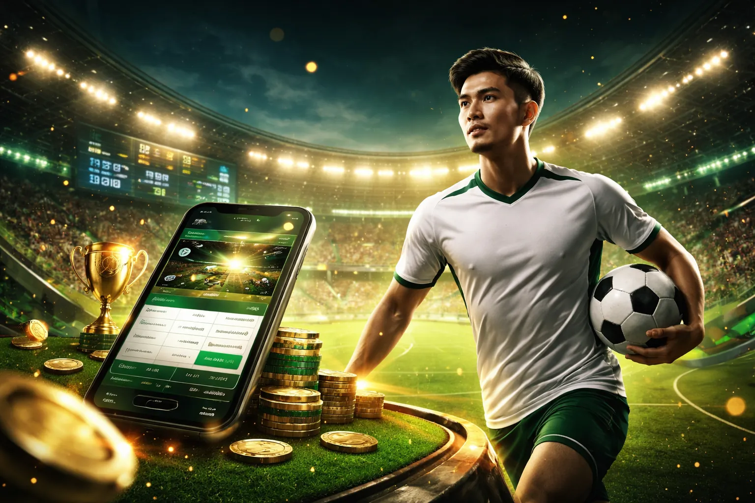 Sân vận động với trận đấu thể thao sôi động, tượng trưng cho f68bet Thể Thao